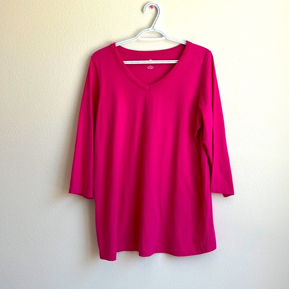 Woman Within Hot Pink Cotton 3/4 Sleeves V Neck T Shirt